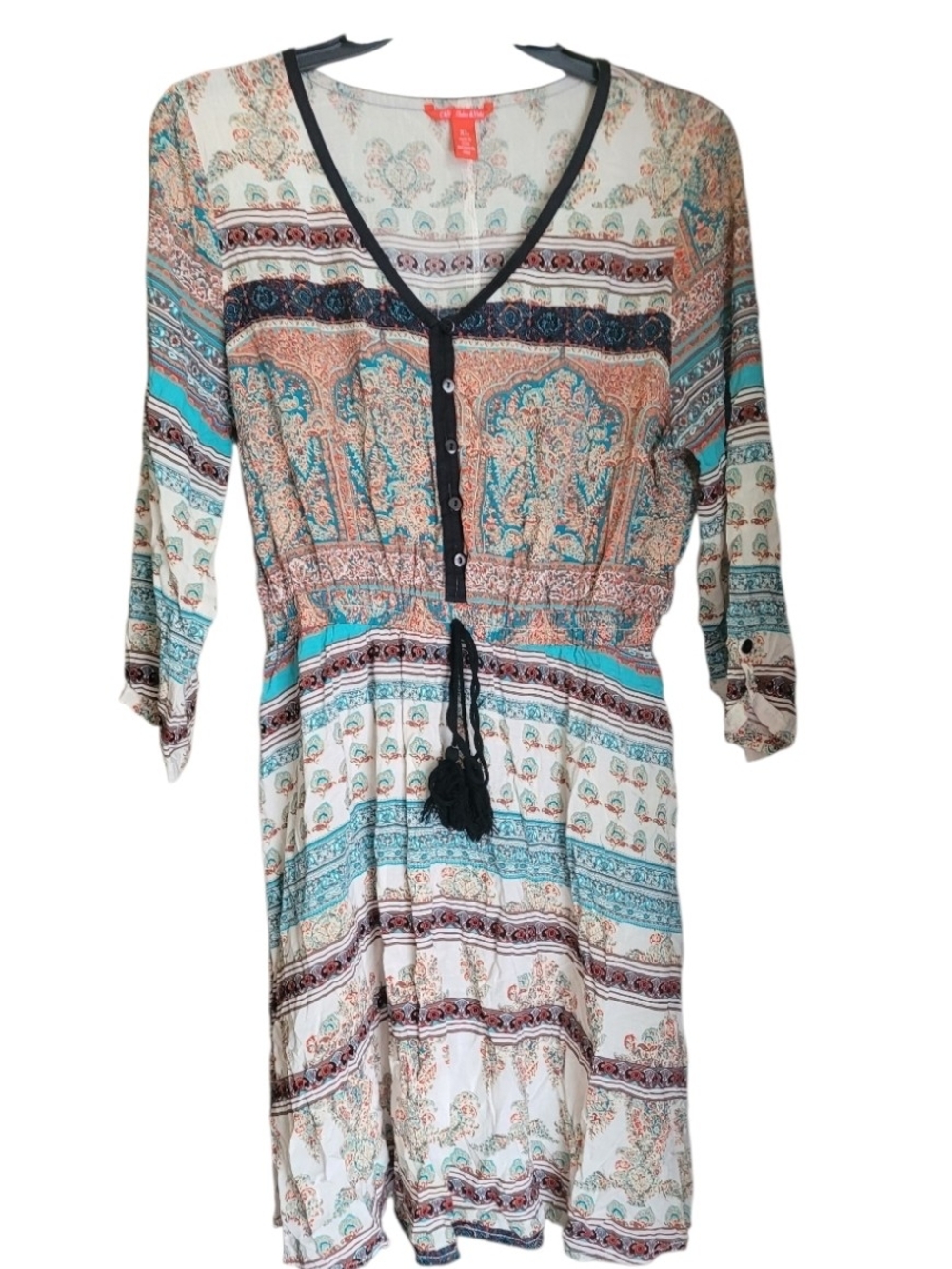 Chelsea & Violet Teal, Black and Cream Paisley Button-Front Boho Dress